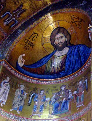 Byzantine mosaic Pantocrator in apse of Monreale Cathedral - click to close